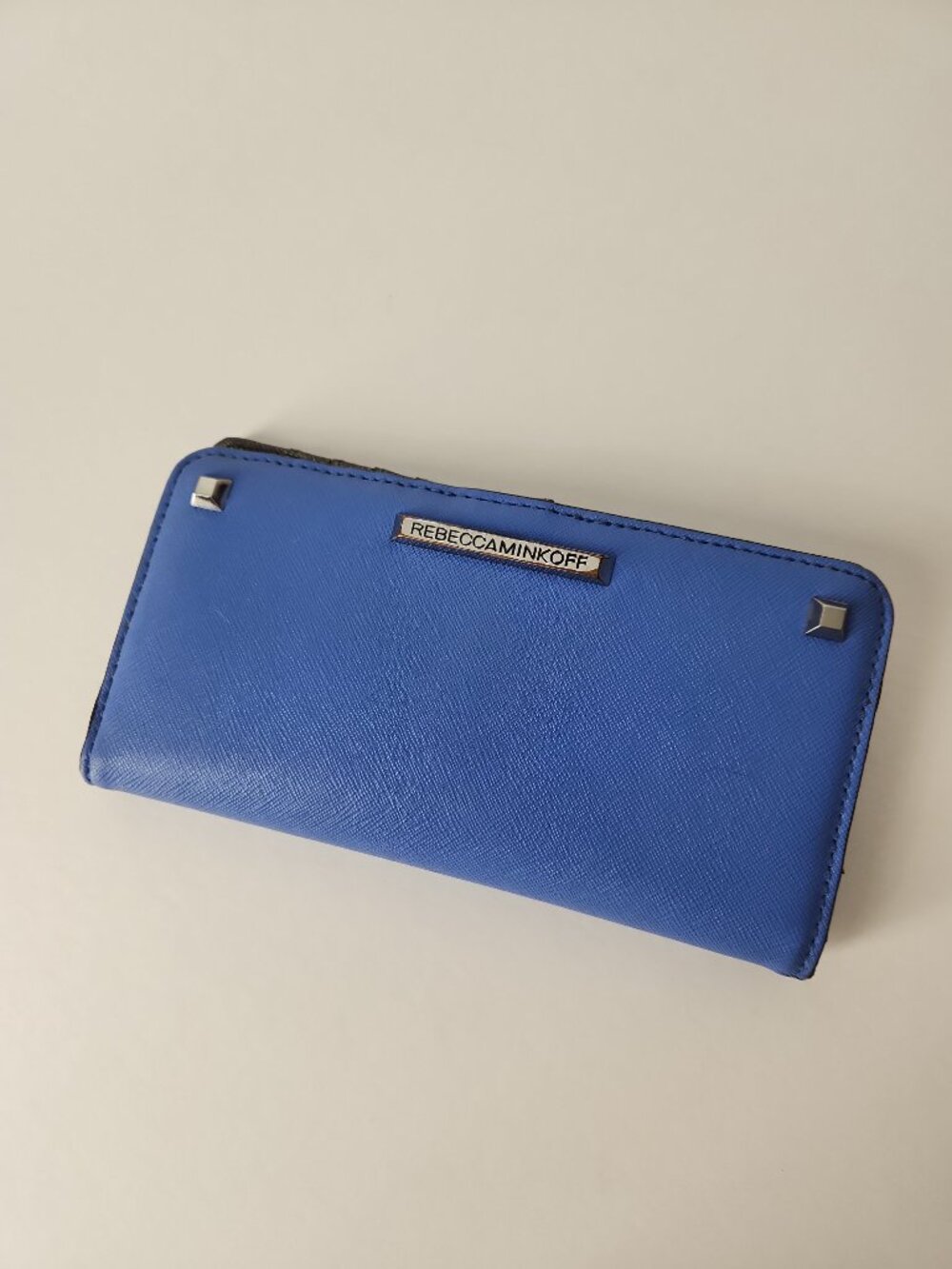 Rebecca  Minkoff Sophie Saffiano leather bifold wallet blue studs logo